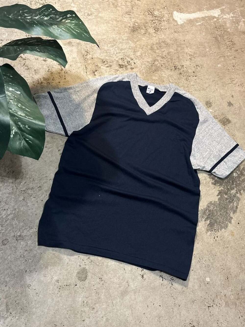 Vintage 80s Champion V-Neck T-Shirt with Grey Raglan Sleeves, Navy Blue Body